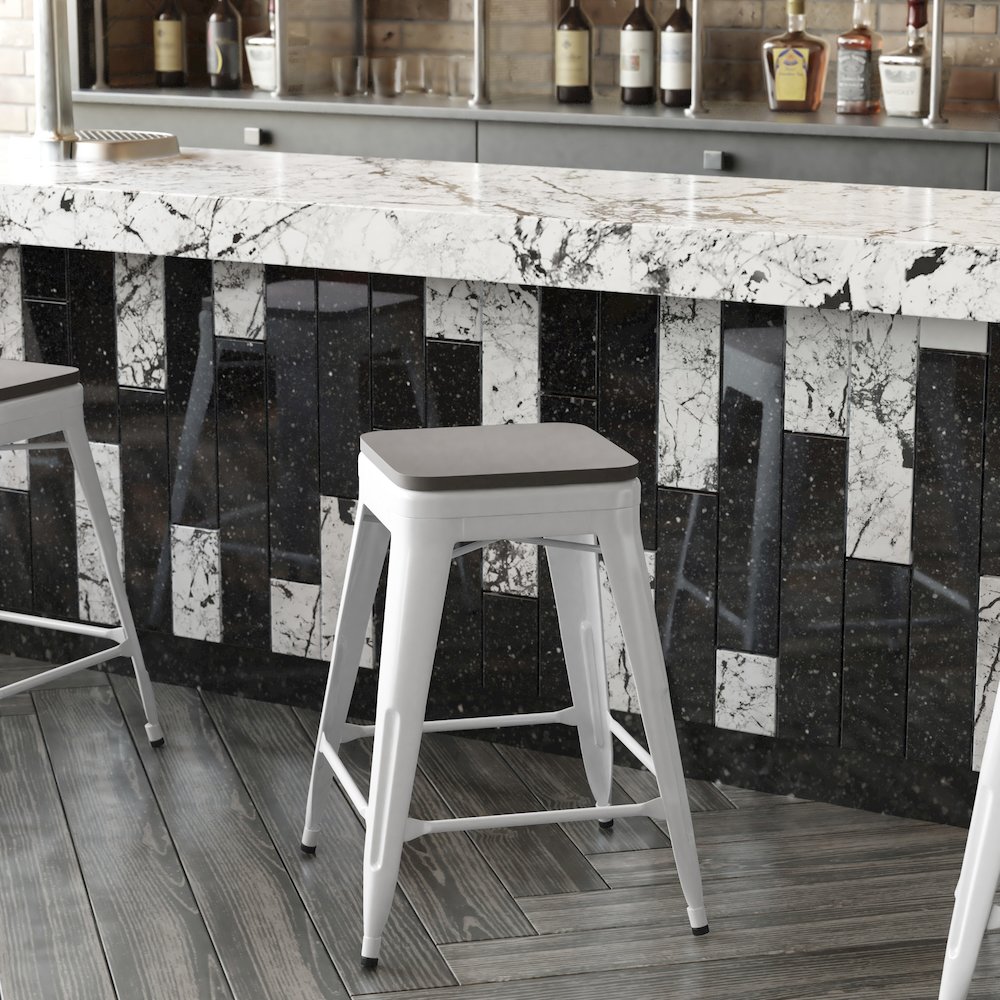 24" High White Metal Indoor-Counter Height Stool with Gray Poly Resin Wood Seat. Picture 8