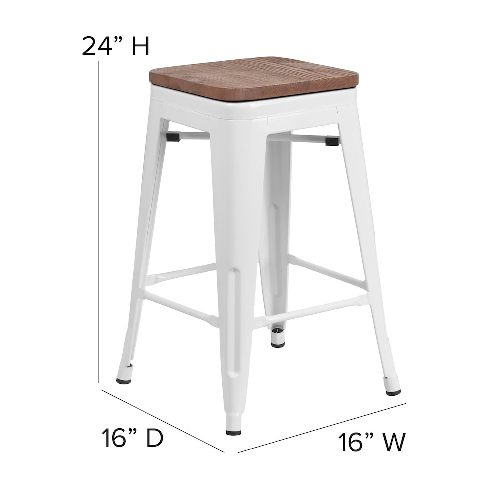 24" High Backless White Metal Counter Height Stool with Square Wood Seat. Picture 6