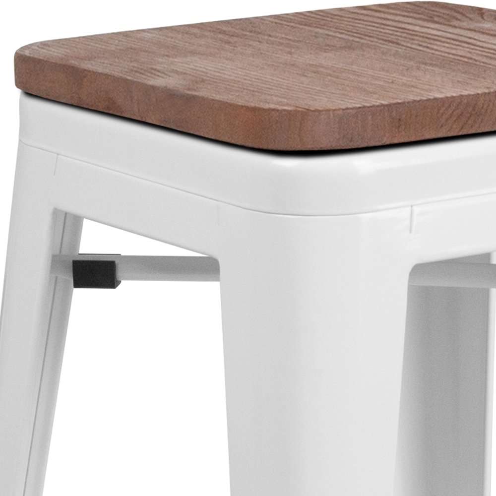 24" High Backless White Metal Counter Height Stool with Square Wood Seat. Picture 4