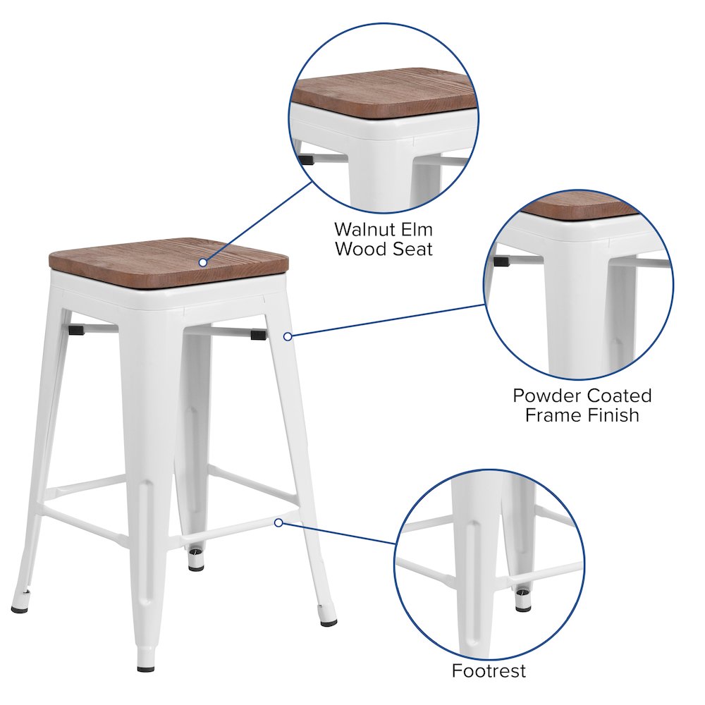 24" High Backless White Metal Counter Height Stool with Square Wood Seat. Picture 5