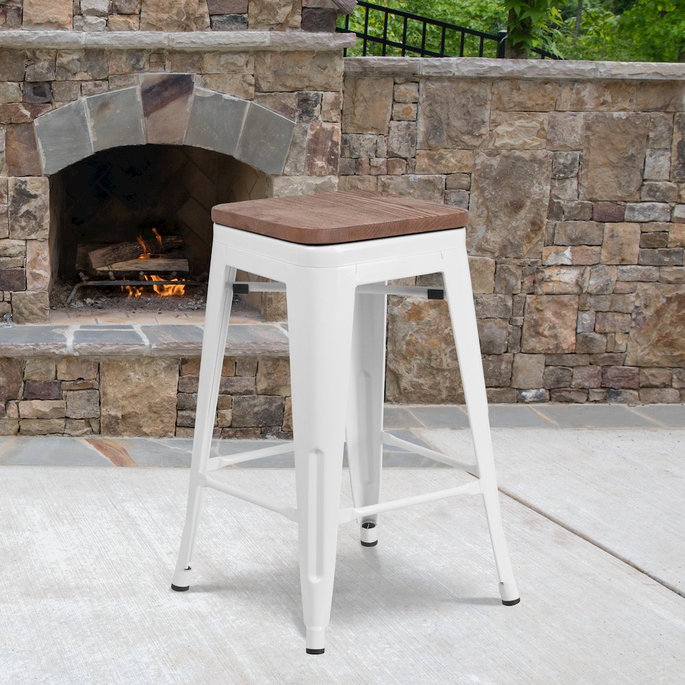24" High Backless White Metal Counter Height Stool with Square Wood Seat. Picture 5