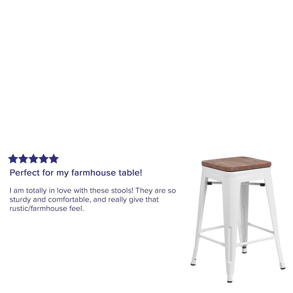 24" High Backless White Metal Counter Height Stool with Square Wood Seat. Picture 4