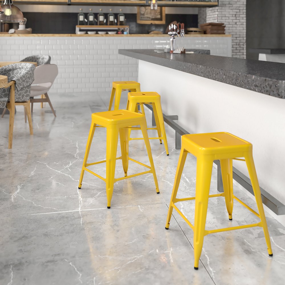24" High Backless Yellow Metal Indoor-Outdoor Counter Height Stool with Seat. Picture 2