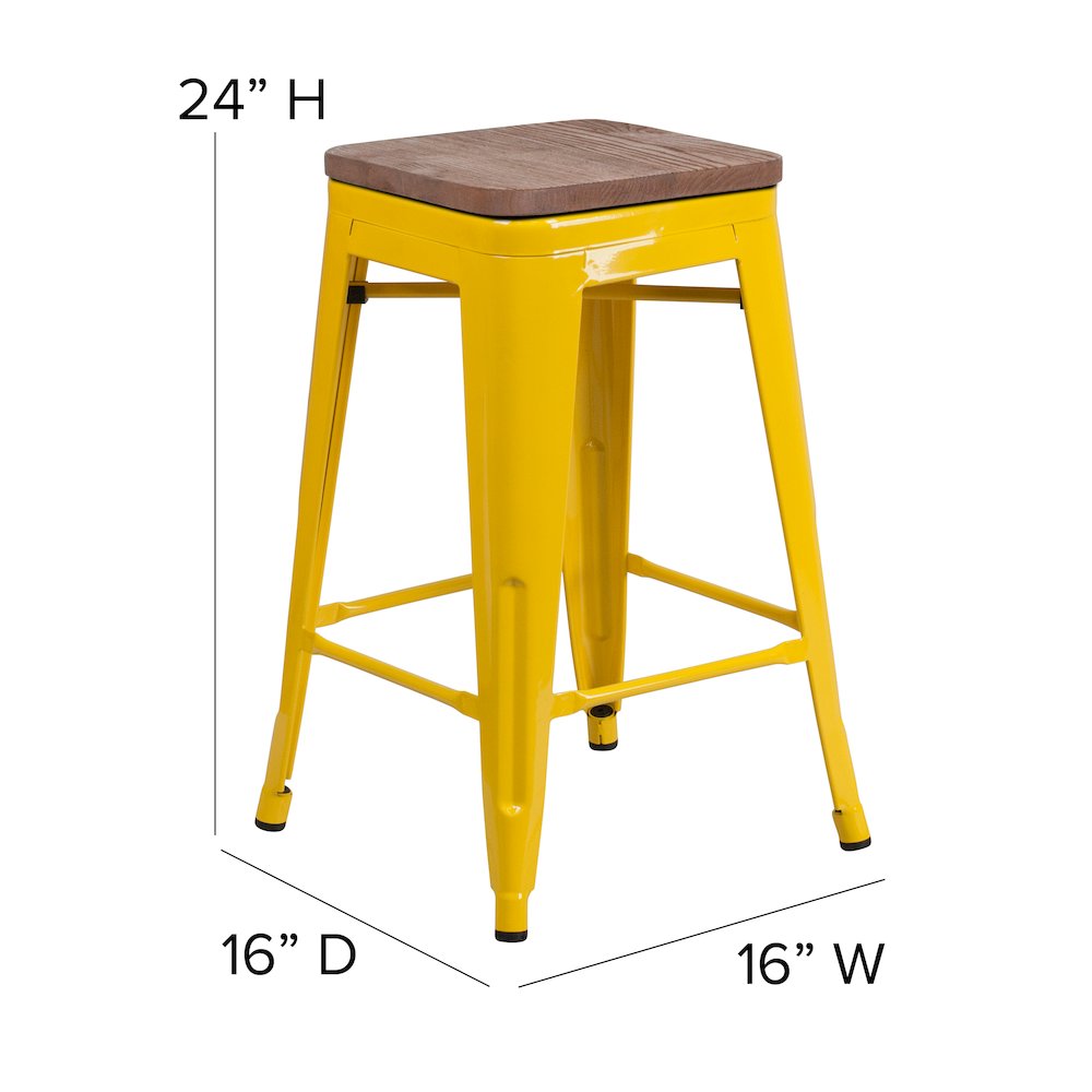 24" High Backless Yellow Metal Counter Height Stool with Square Wood Seat. Picture 5