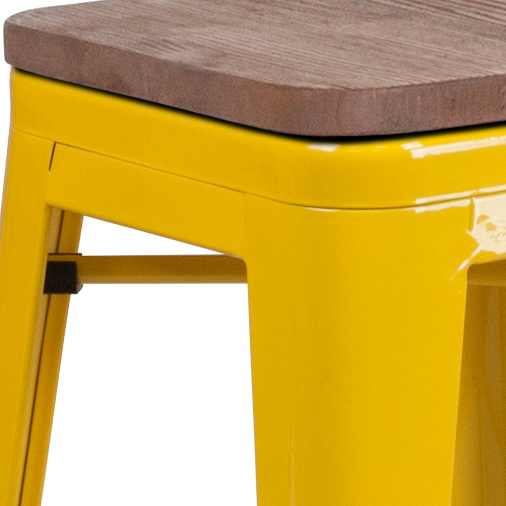 24" High Backless Yellow Metal Counter Height Stool with Square Wood Seat. Picture 4