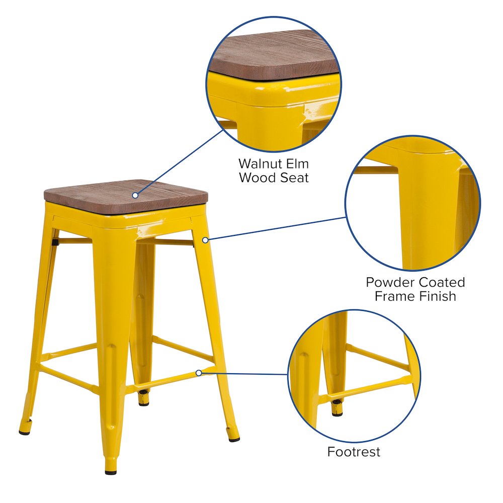 24" High Backless Yellow Metal Counter Height Stool with Square Wood Seat. Picture 4