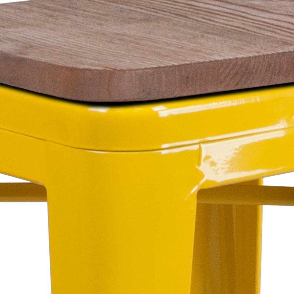 24" High Backless Yellow Metal Counter Height Stool with Square Wood Seat. Picture 7