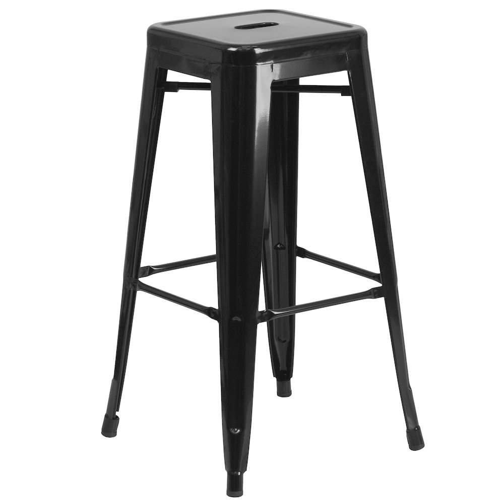 30" High Backless Black Metal Indoor-Outdoor Barstool with Square Seat. Picture 1