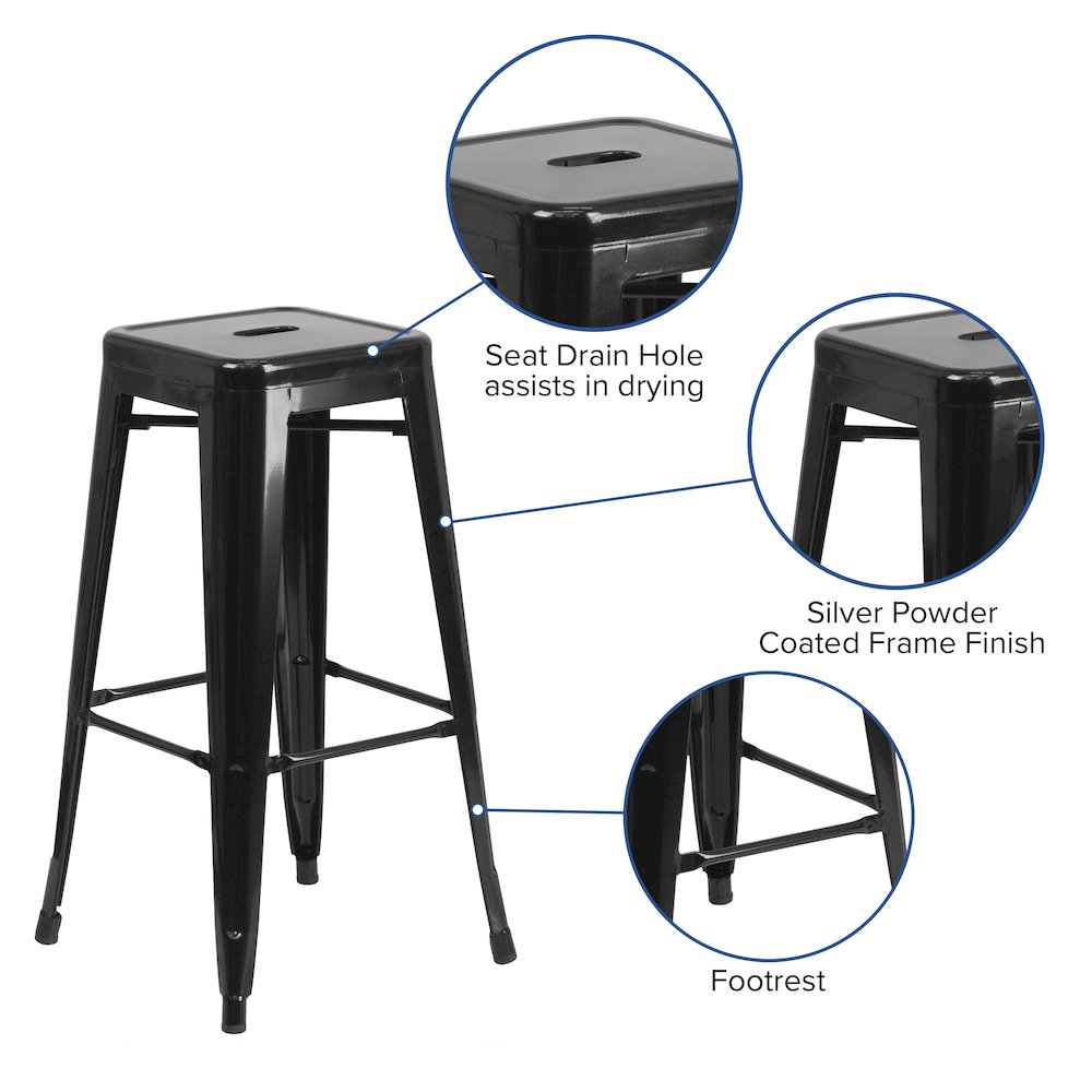 30" High Backless Black Metal Indoor-Outdoor Barstool with Square Seat. Picture 5