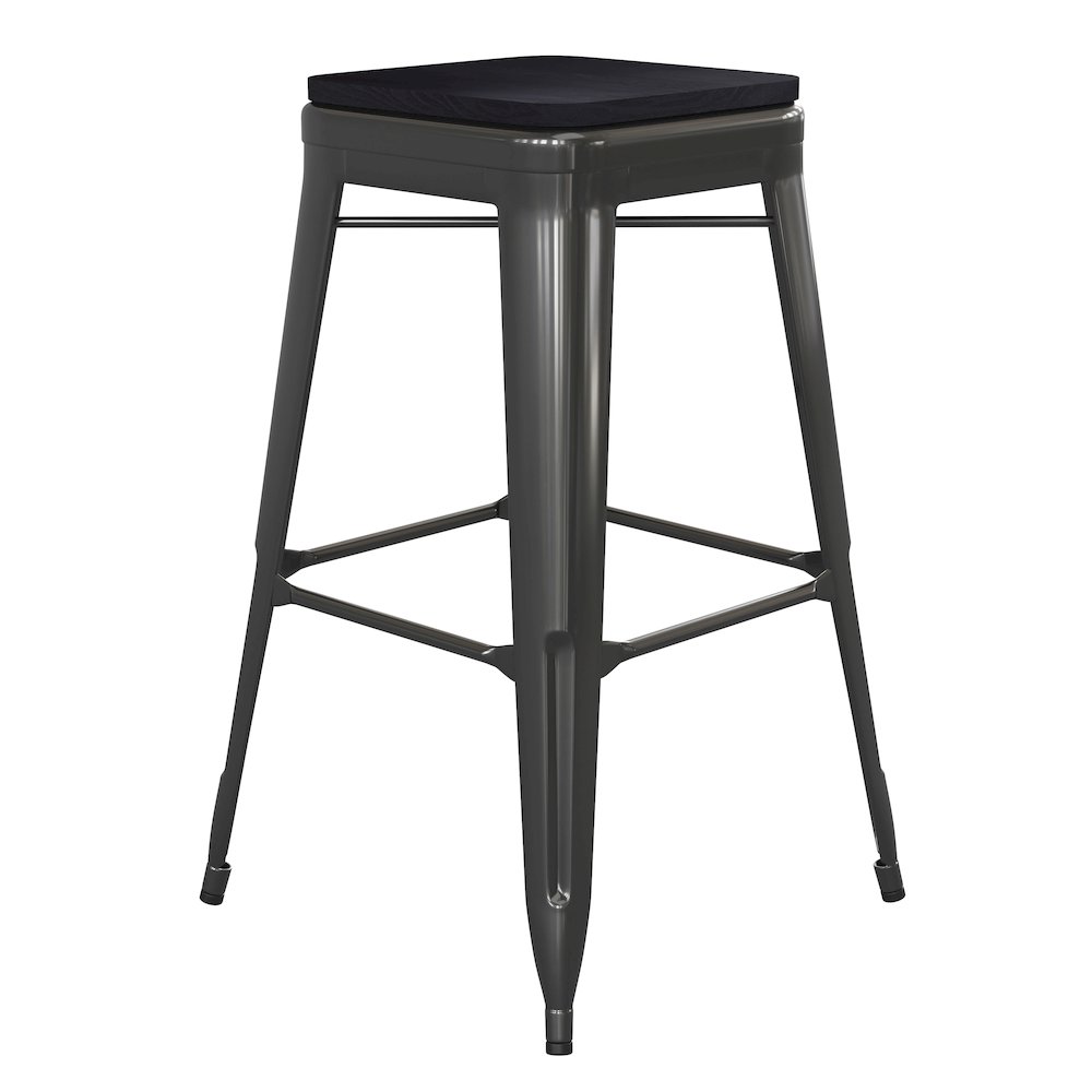 30" High Black Metal Indoor-Outdoor Barstool with Black Poly Resin Wood Seat. Picture 1