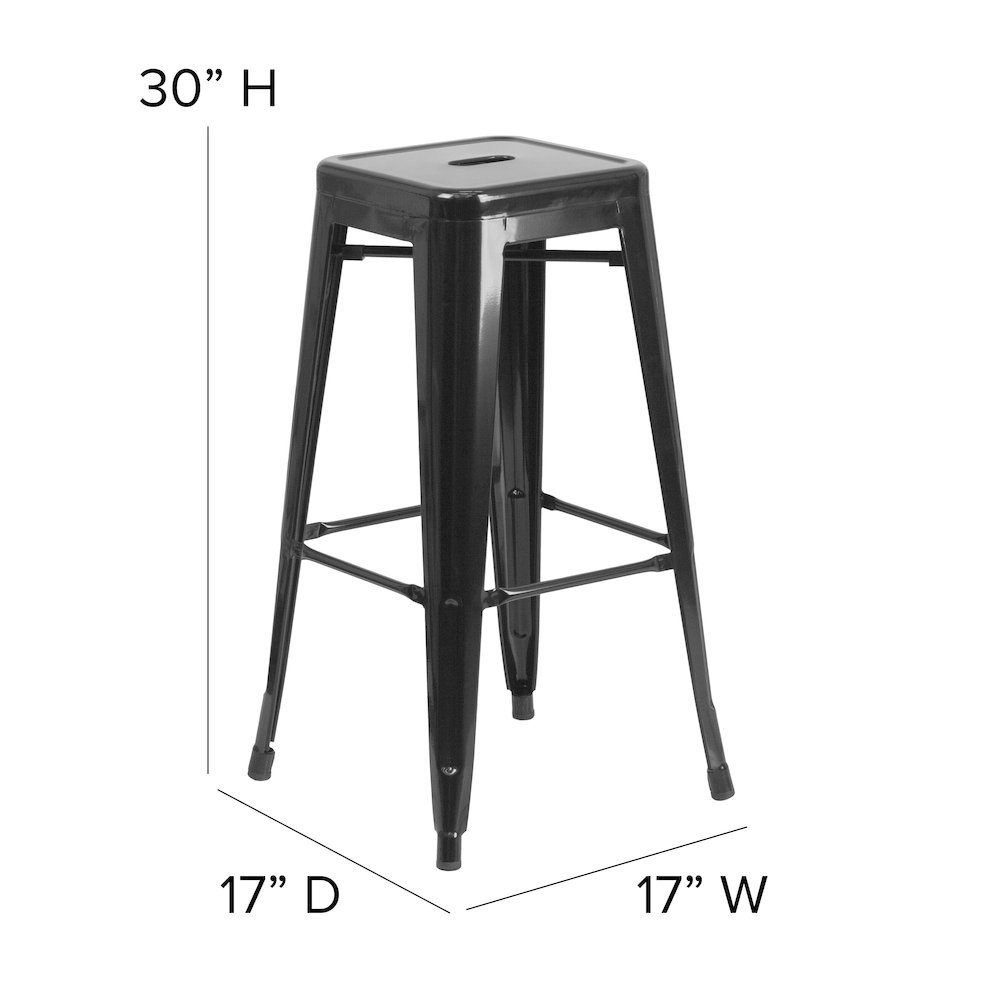 30" High Black Metal Indoor-Outdoor Barstool with Black Poly Resin Wood Seat. Picture 5
