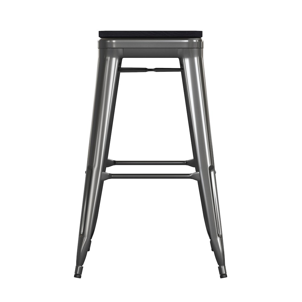 30" High Black Metal Indoor-Outdoor Barstool with Black Poly Resin Wood Seat. Picture 10