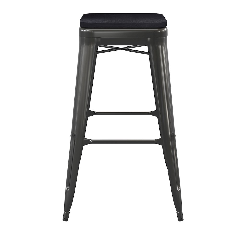 30" High Black Metal Indoor-Outdoor Barstool with Black Poly Resin Wood Seat. Picture 9