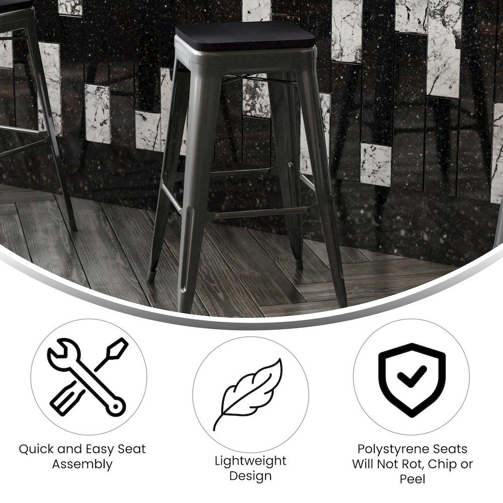 30" High Black Metal Indoor-Outdoor Barstool with Black Poly Resin Wood Seat. Picture 4