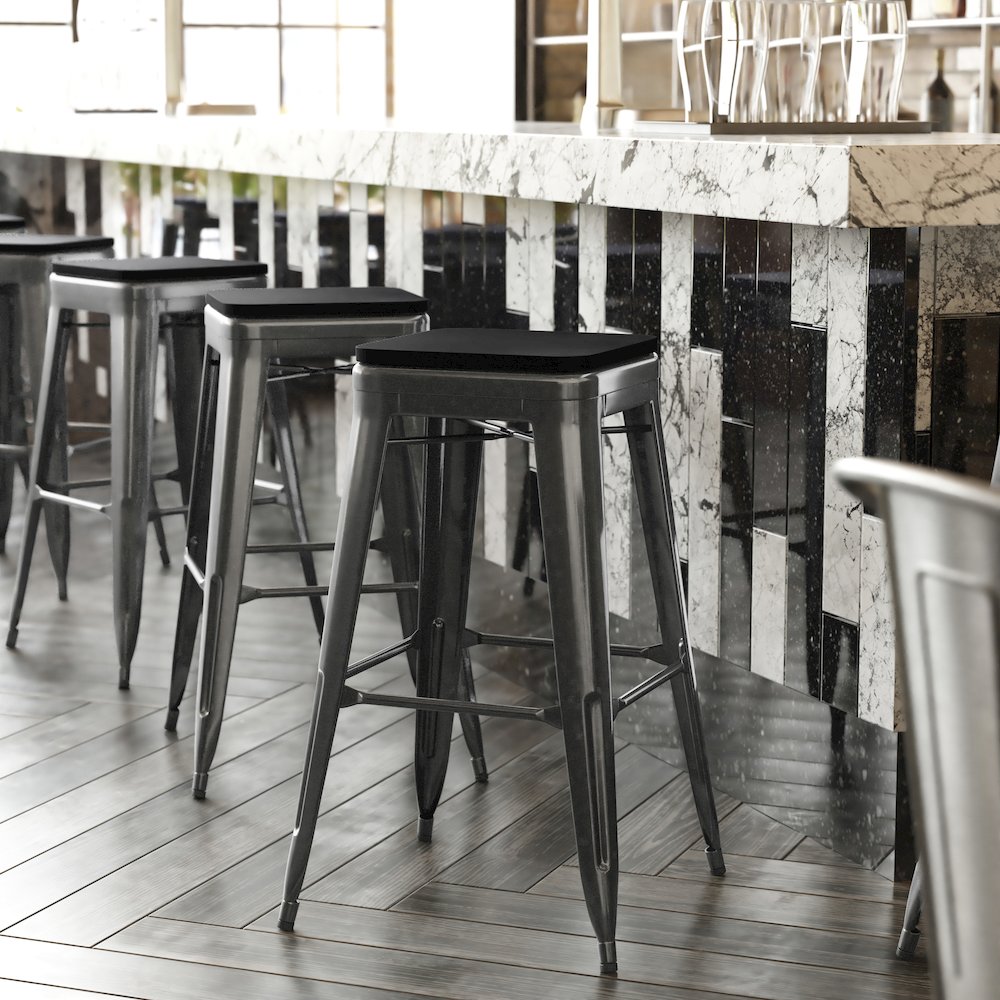 30" High Black Metal Indoor-Outdoor Barstool with Black Poly Resin Wood Seat. Picture 2
