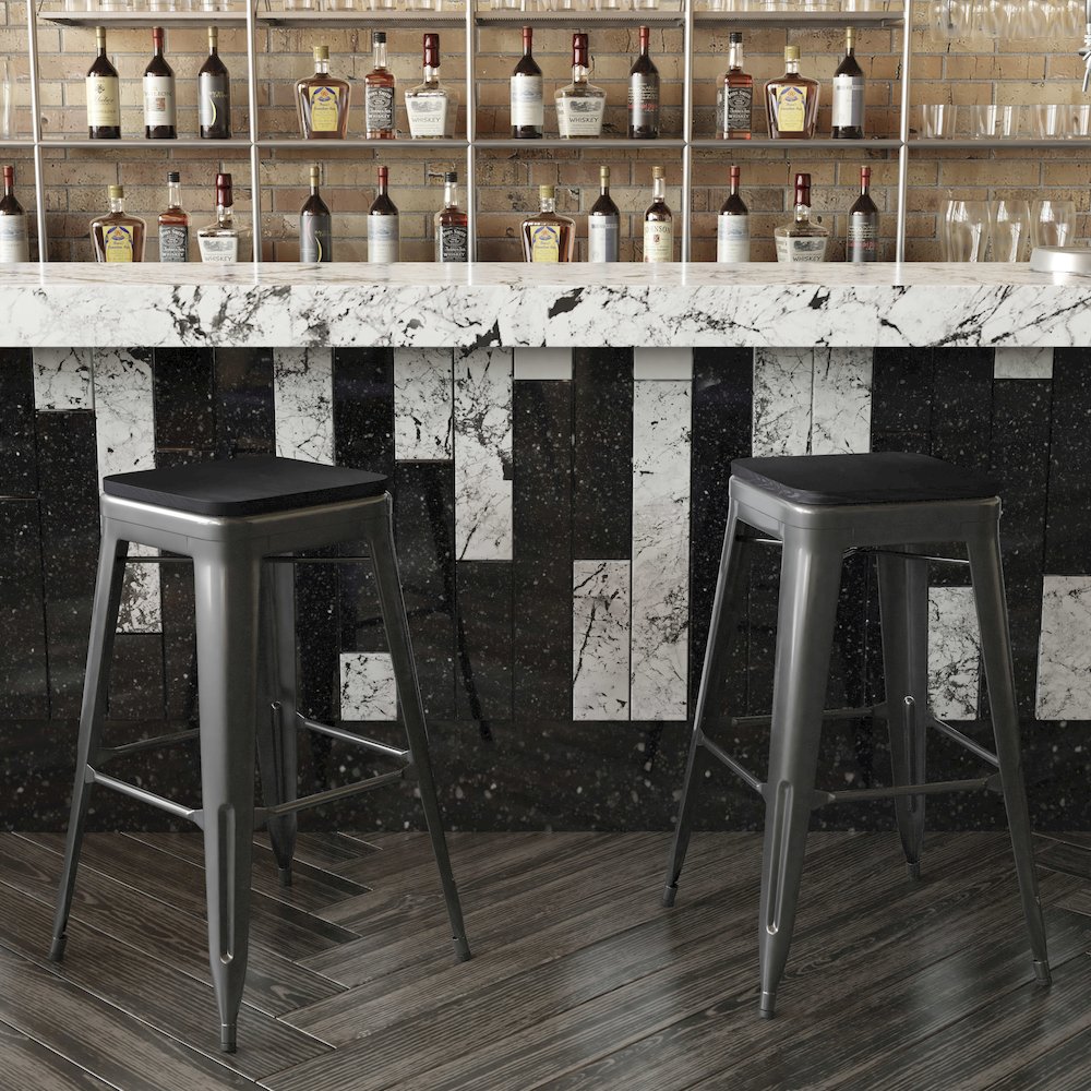 30" High Black Metal Indoor-Outdoor Barstool with Black Poly Resin Wood Seat. Picture 7