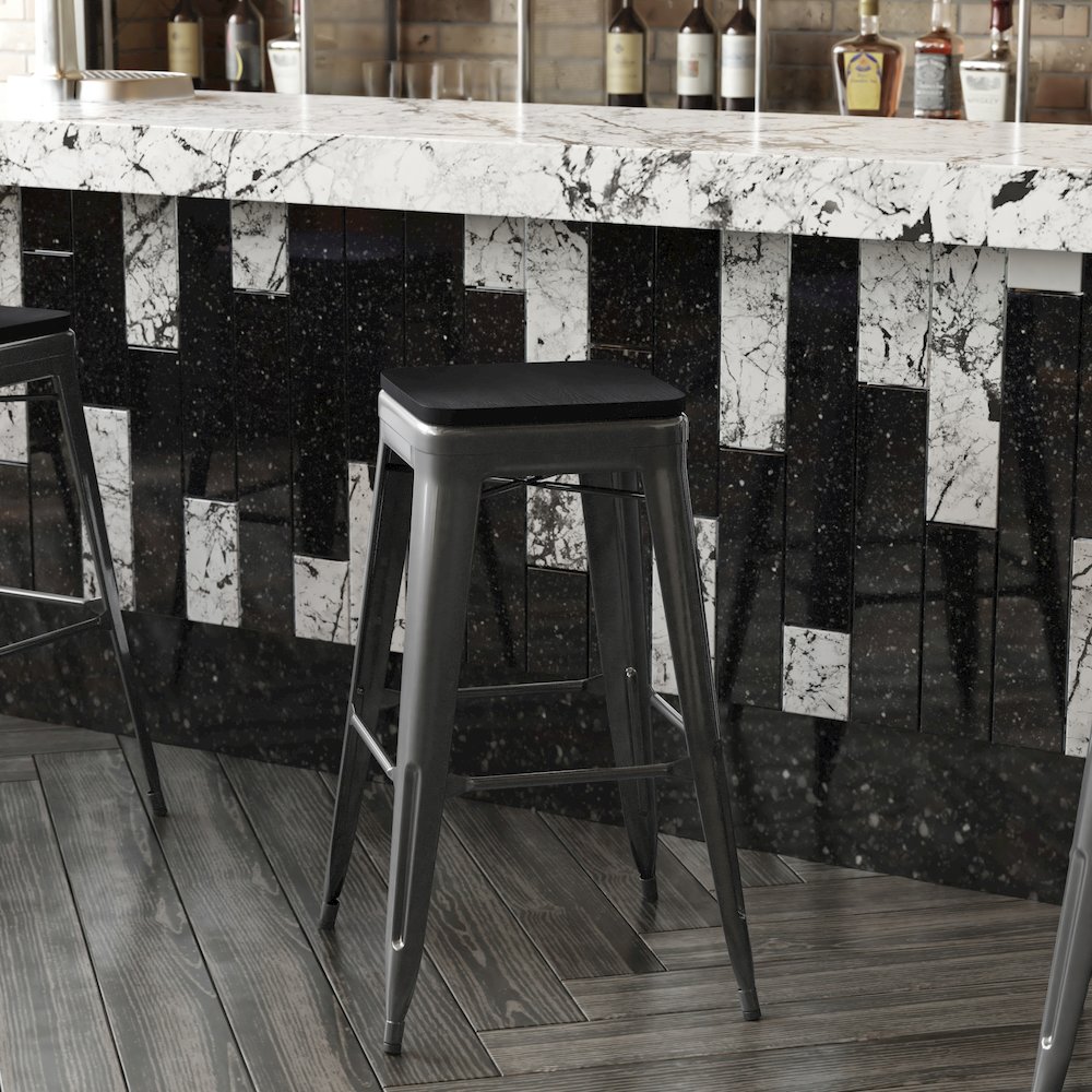 30" High Black Metal Indoor-Outdoor Barstool with Black Poly Resin Wood Seat. Picture 8