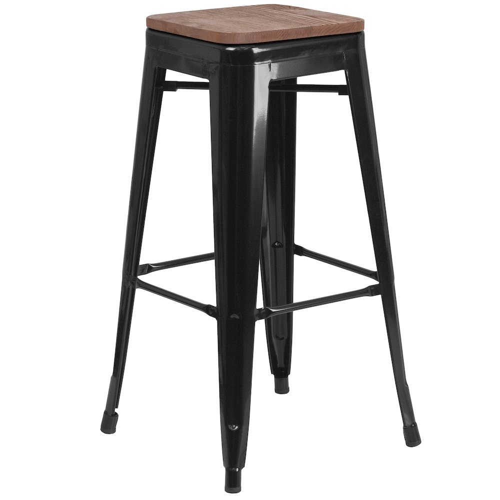 30" High Backless Black Metal Barstool with Square Wood Seat. Picture 1
