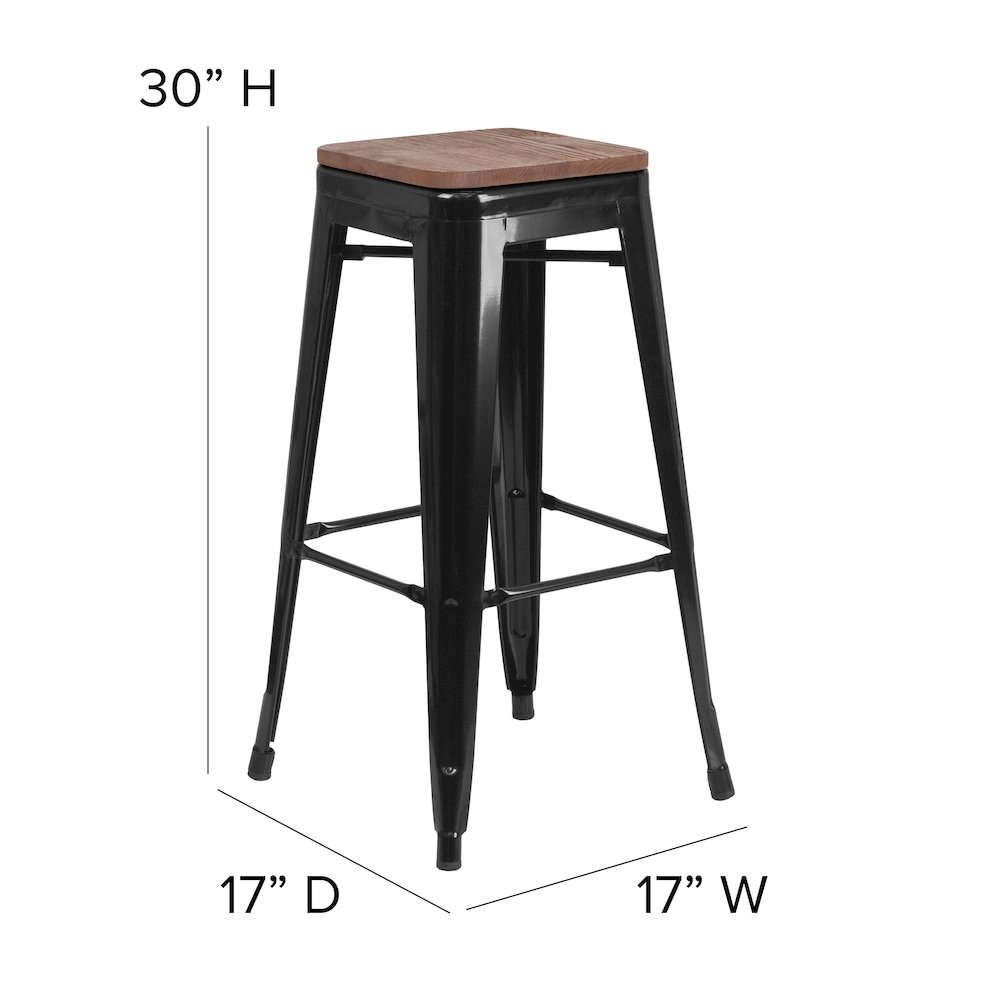 30" High Backless Black Metal Barstool with Square Wood Seat. Picture 2