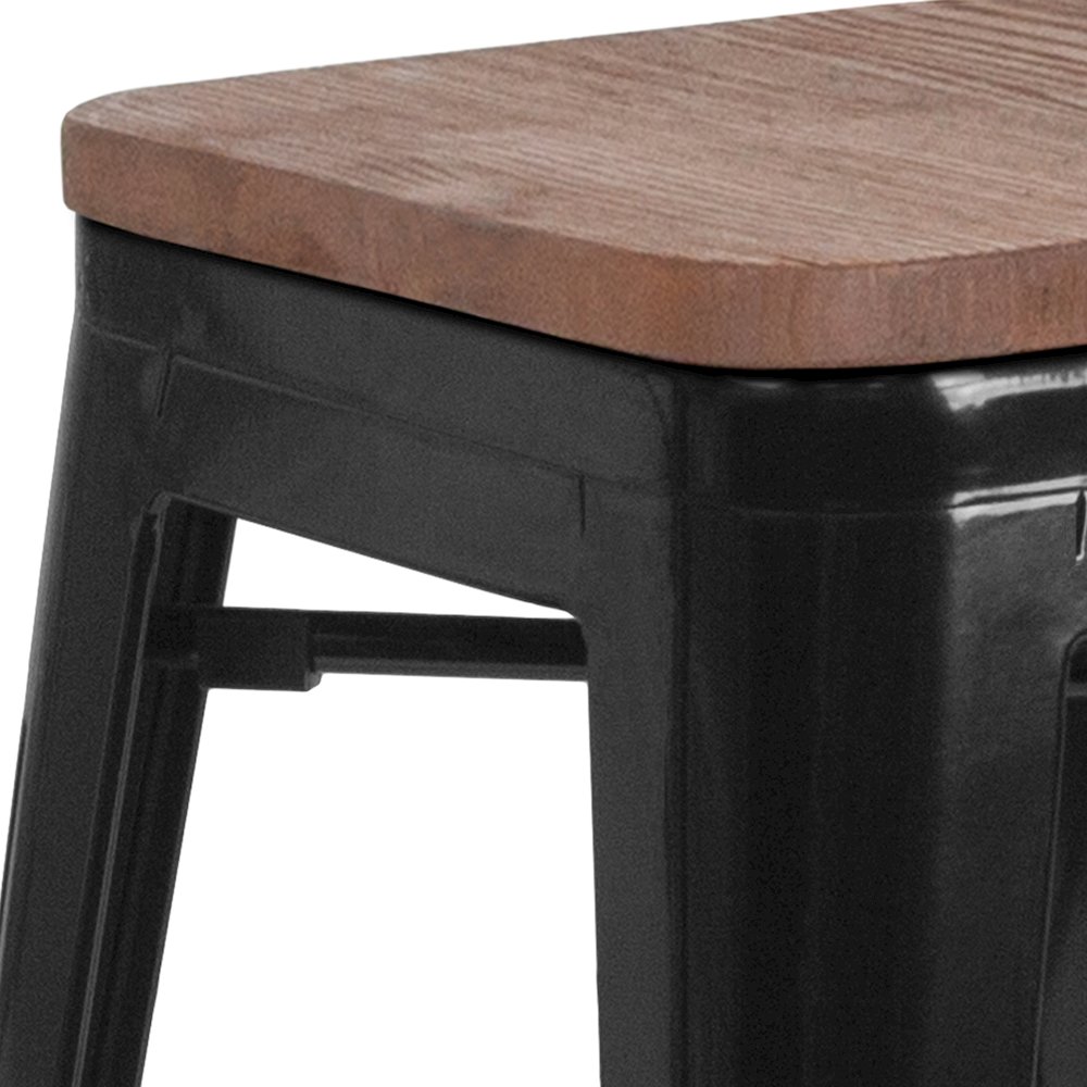 30" High Backless Black Metal Barstool with Square Wood Seat. Picture 5