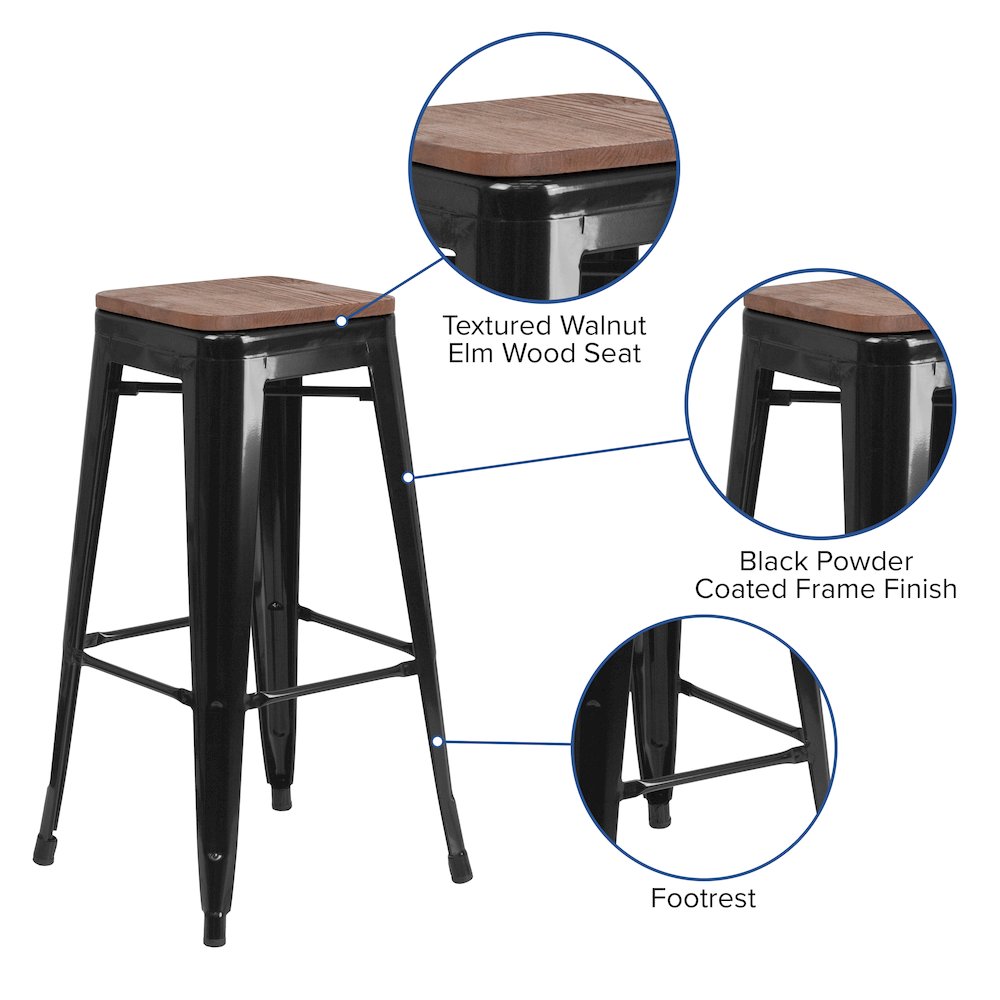 30" High Backless Black Metal Barstool with Square Wood Seat. Picture 5