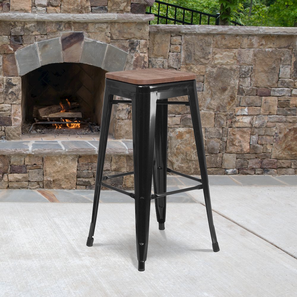 30" High Backless Black Metal Barstool with Square Wood Seat. Picture 6