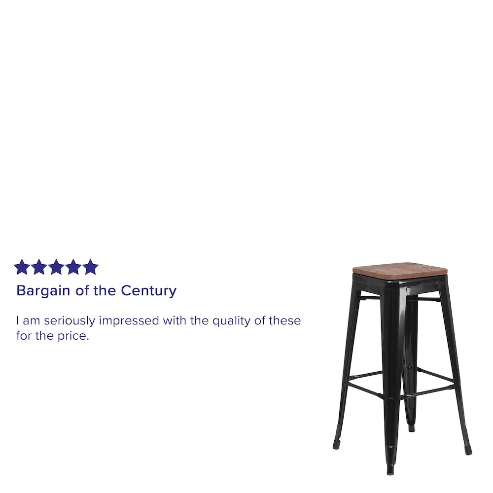 30" High Backless Black Metal Barstool with Square Wood Seat. Picture 4