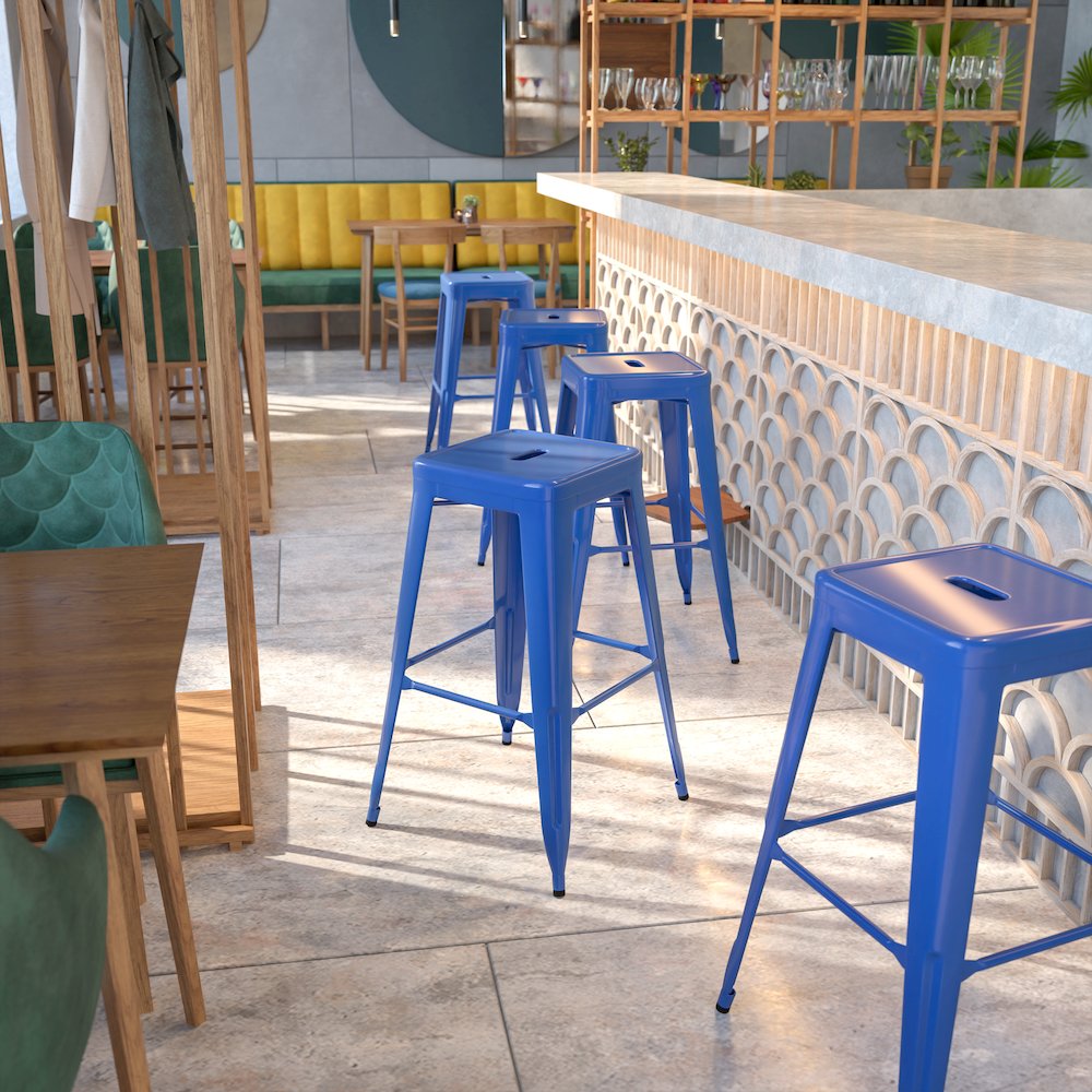 30" High Backless Blue Metal Indoor-Outdoor Barstool with Square Seat. Picture 2