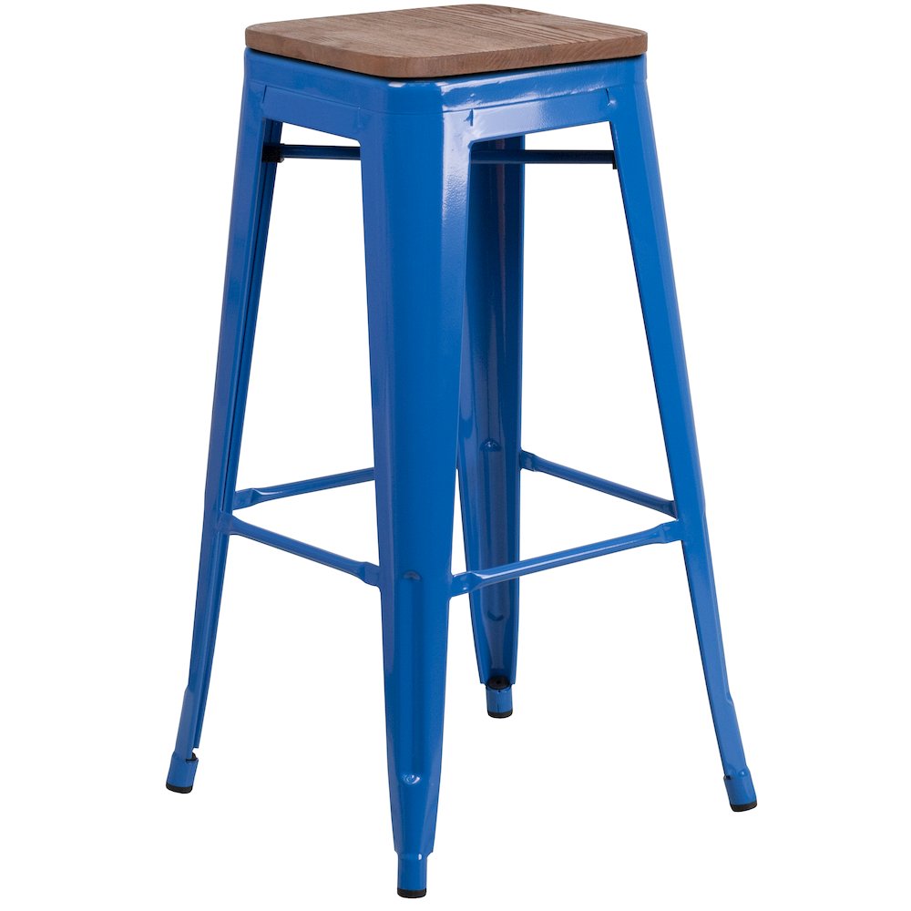 30" High Backless Blue Metal Barstool with Square Wood Seat. Picture 1