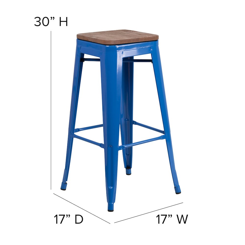 30" High Backless Blue Metal Barstool with Square Wood Seat. Picture 6