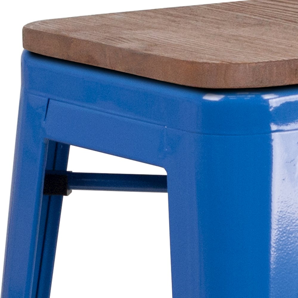 30" High Backless Blue Metal Barstool with Square Wood Seat. Picture 4