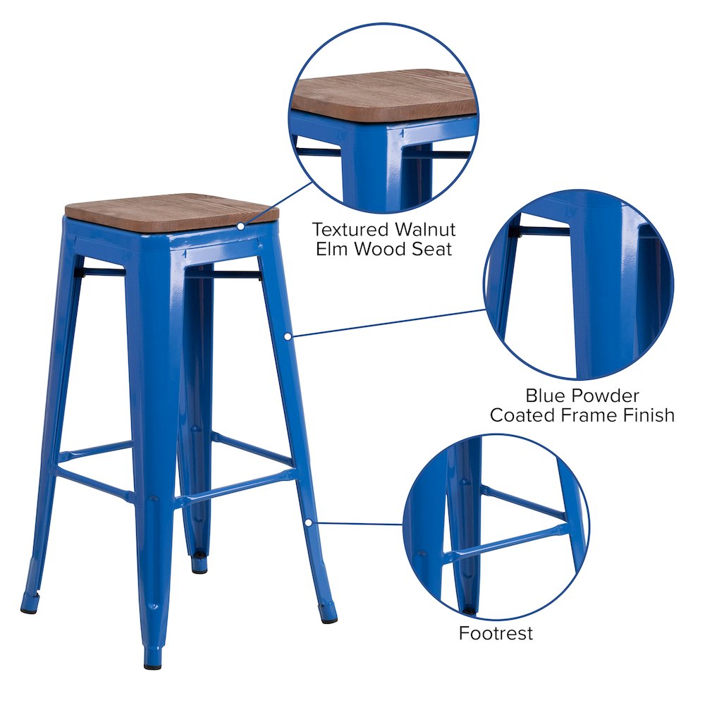 30" High Backless Blue Metal Barstool with Square Wood Seat. Picture 5