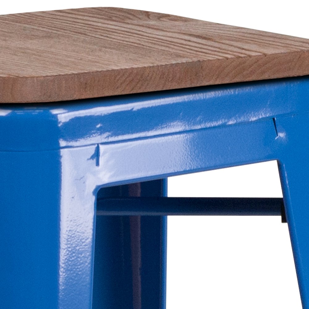 30" High Backless Blue Metal Barstool with Square Wood Seat. Picture 8