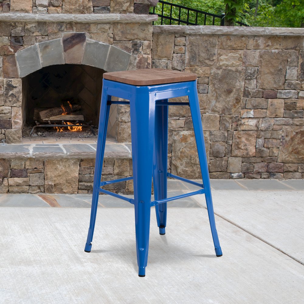 30" High Backless Blue Metal Barstool with Square Wood Seat. Picture 5