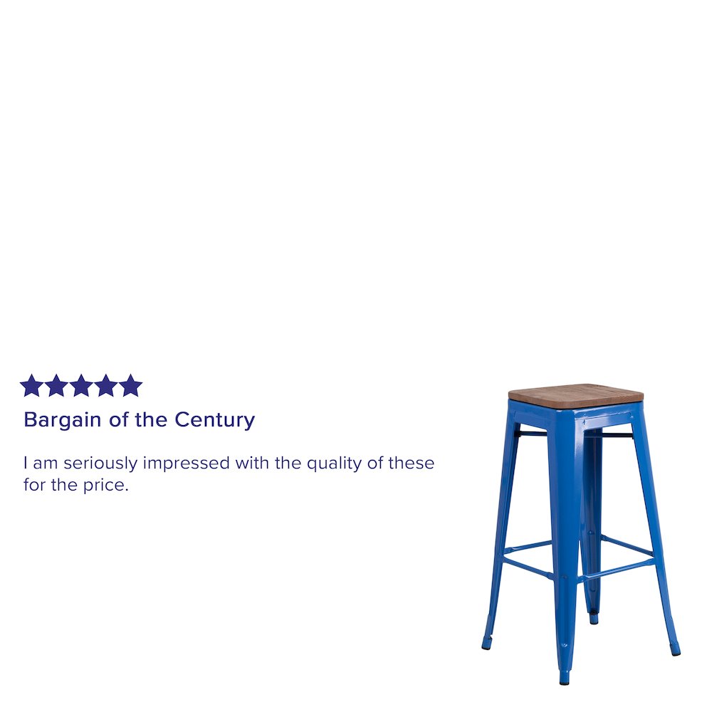 30" High Backless Blue Metal Barstool with Square Wood Seat. Picture 4