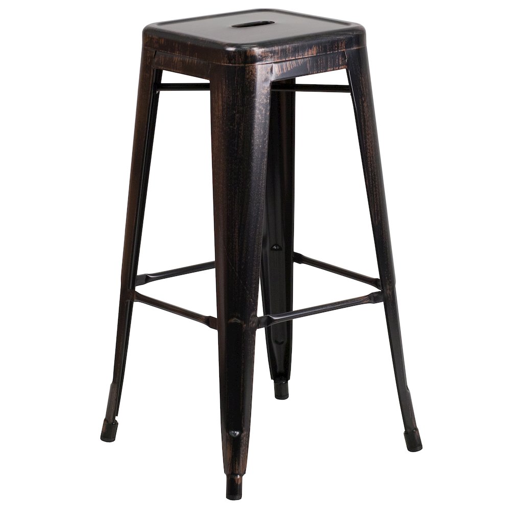 30" High Backless Black-Antique Gold Metal Indoor-Outdoor Barstool with Seat. Picture 1