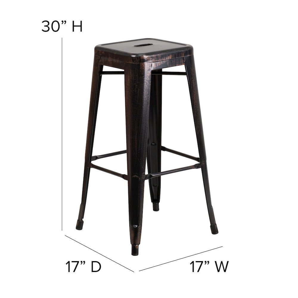 30" High Backless Black-Antique Gold Metal Indoor-Outdoor Barstool with Seat. Picture 6