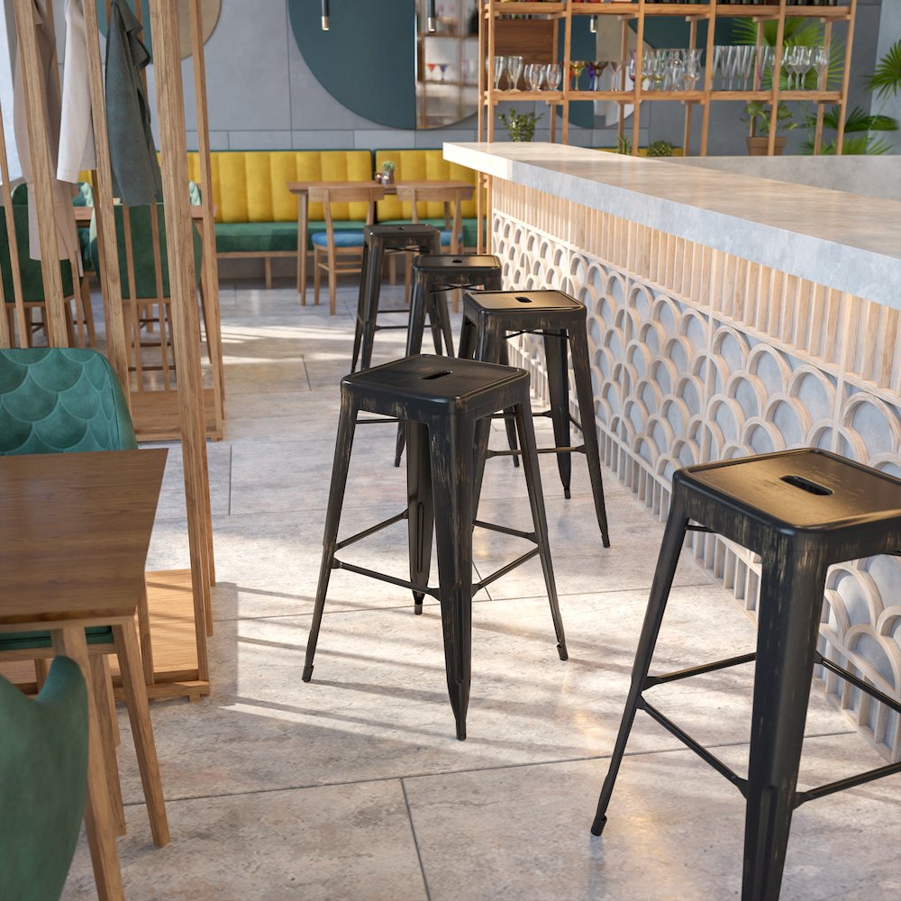 30" High Backless Black-Antique Gold Metal Indoor-Outdoor Barstool with Seat. Picture 2