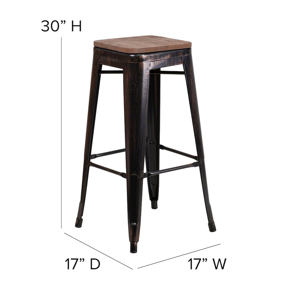 30" High Backless Black-Antique Gold Metal Barstool with Square Wood Seat. Picture 6