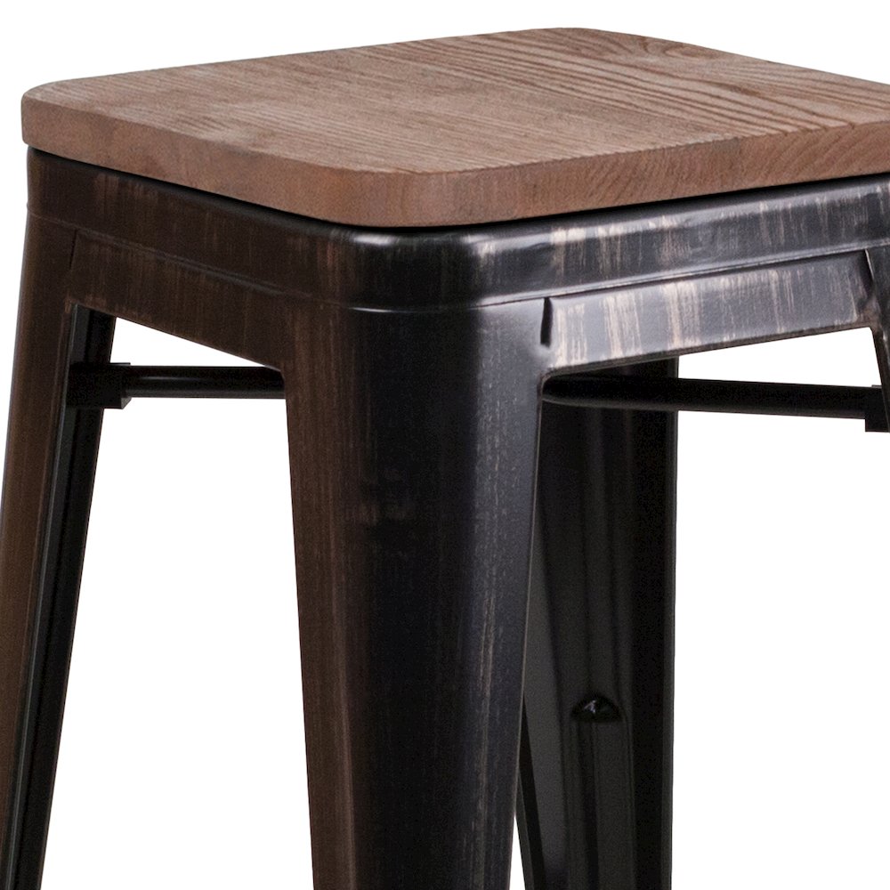 30" High Backless Black-Antique Gold Metal Barstool with Square Wood Seat. Picture 10