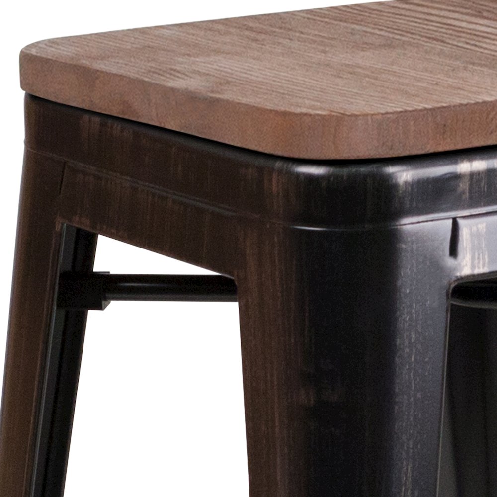 30" High Backless Black-Antique Gold Metal Barstool with Square Wood Seat. Picture 12