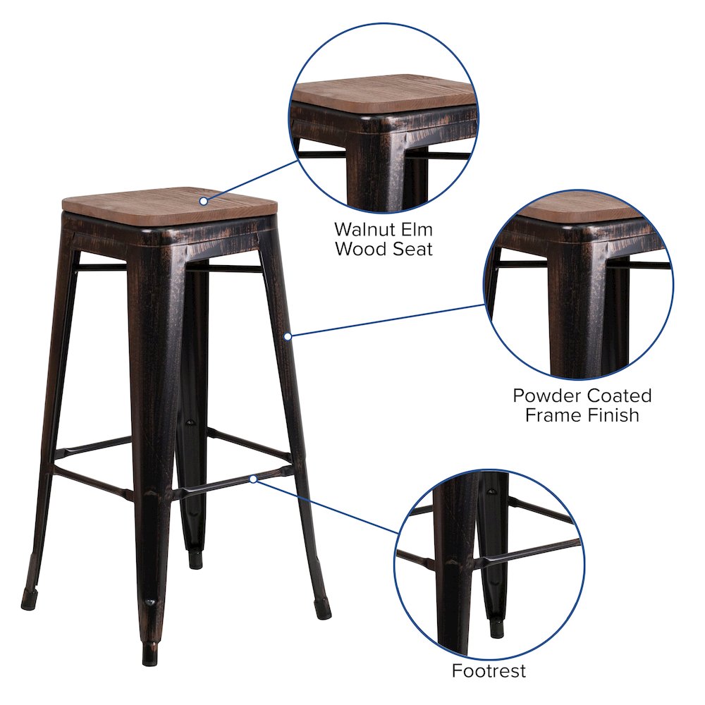 30" High Backless Black-Antique Gold Metal Barstool with Square Wood Seat. Picture 5