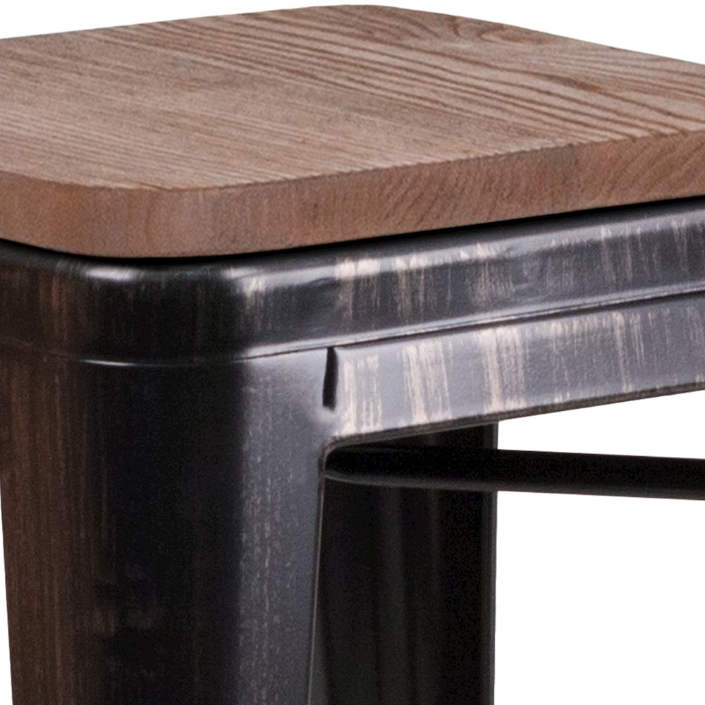 30" High Backless Black-Antique Gold Metal Barstool with Square Wood Seat. Picture 8