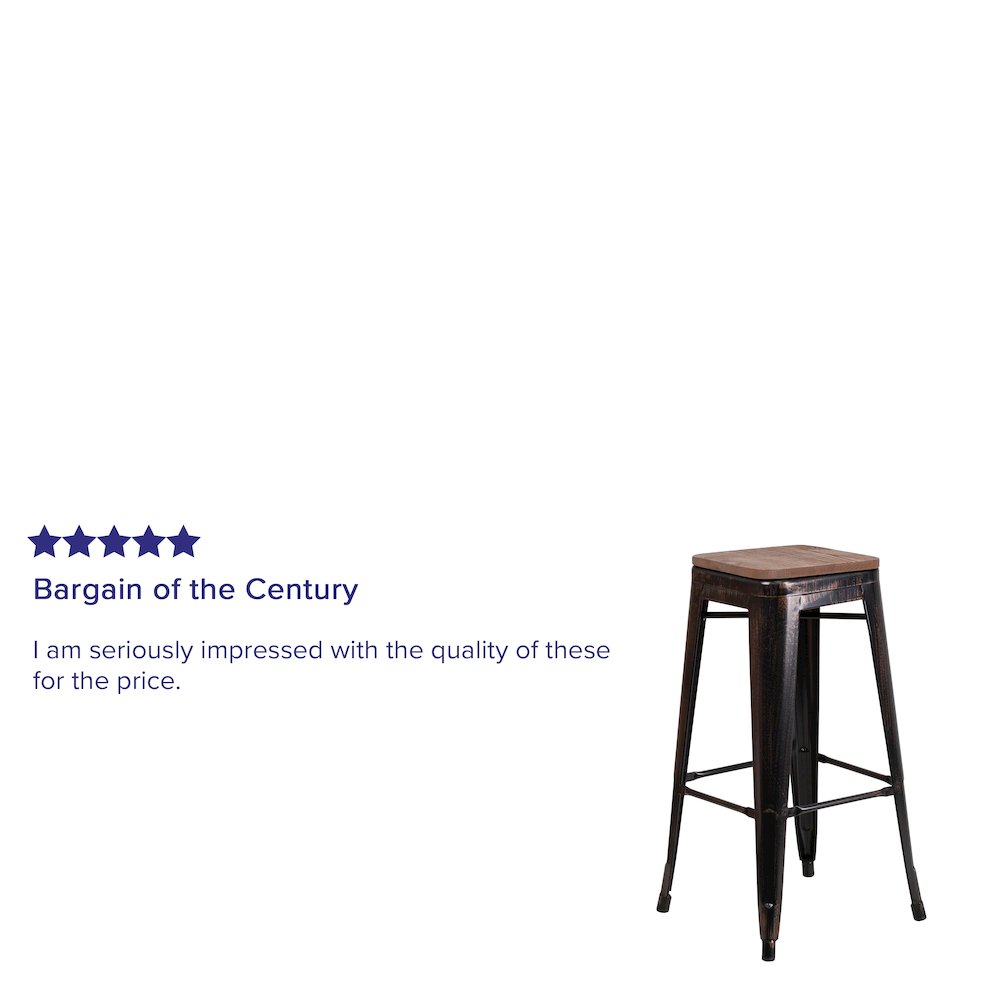 30" High Backless Black-Antique Gold Metal Barstool with Square Wood Seat. Picture 4