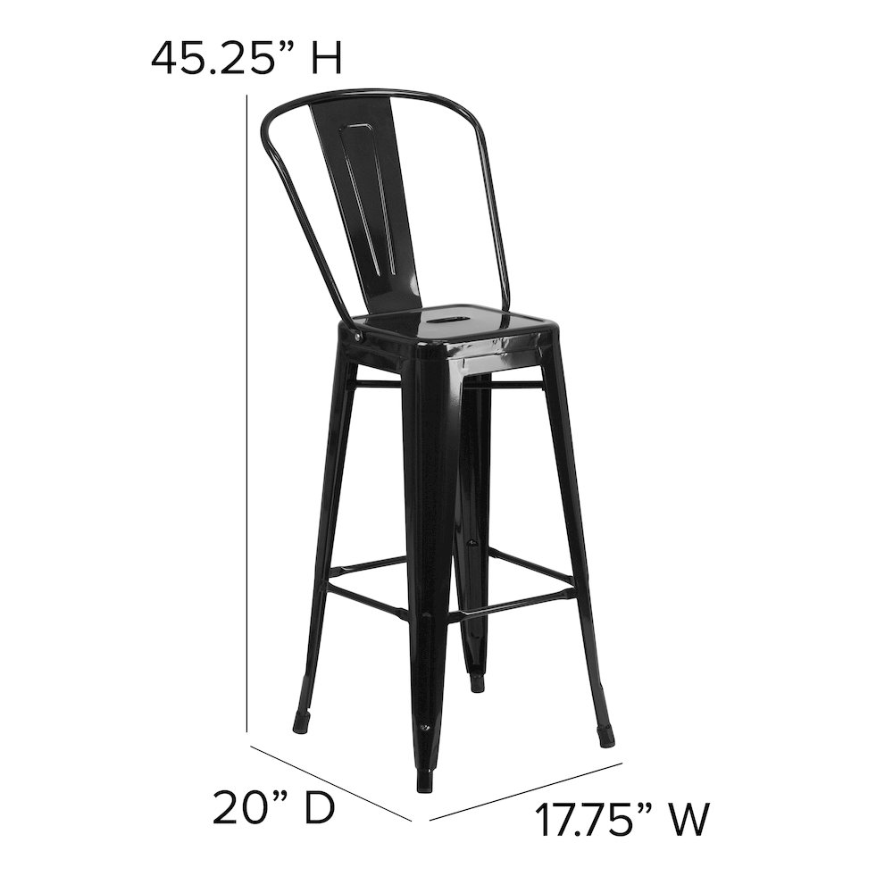 30" High Black Metal Indoor-Outdoor Barstool with Removable Back. Picture 6