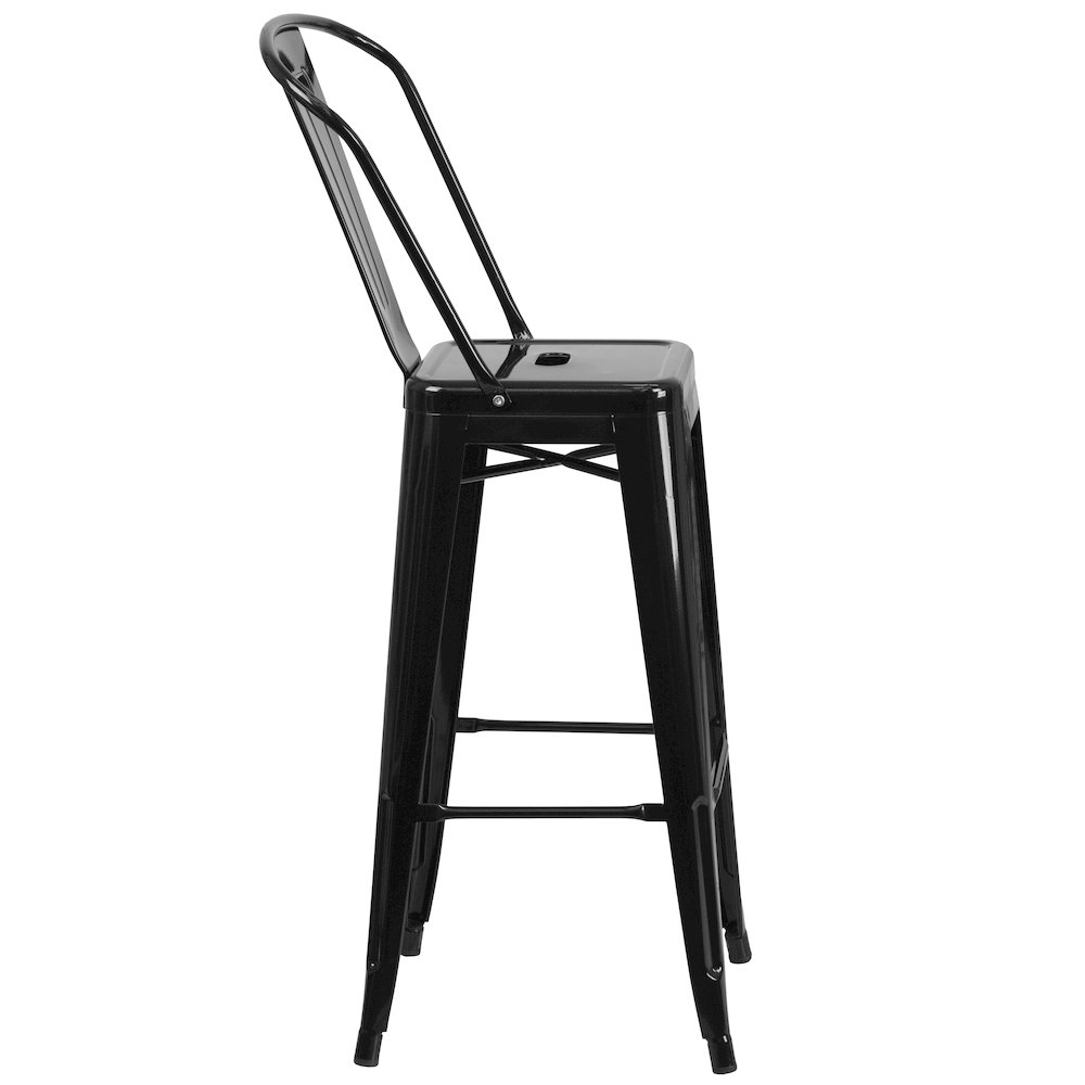 30" High Black Metal Indoor-Outdoor Barstool with Removable Back. Picture 9