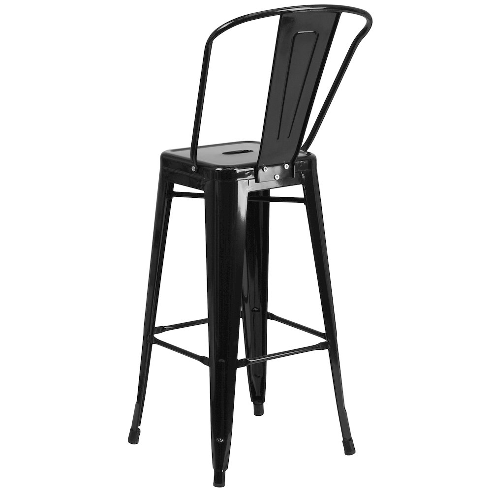 30" High Black Metal Indoor-Outdoor Barstool with Removable Back. Picture 7