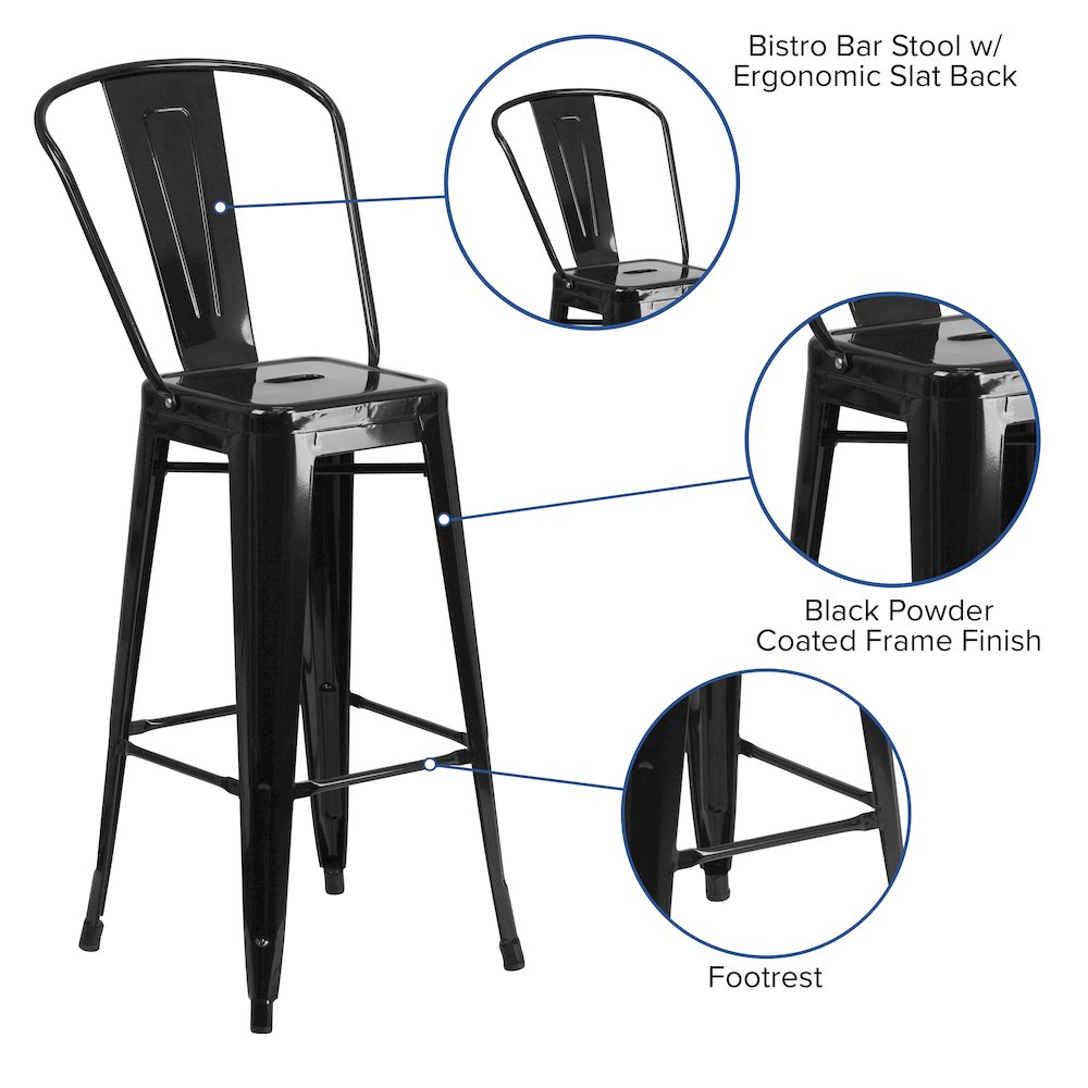 30" High Black Metal Indoor-Outdoor Barstool with Removable Back. Picture 5