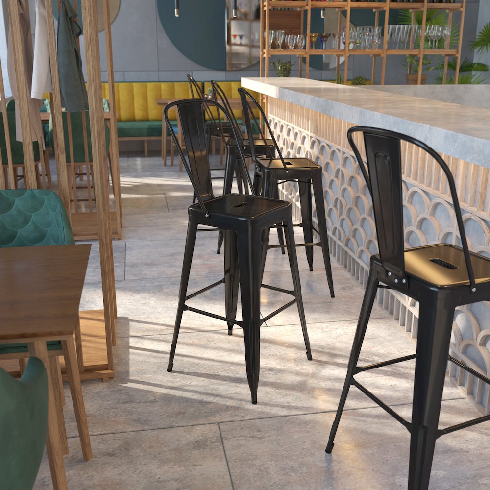 30" High Black Metal Indoor-Outdoor Barstool with Removable Back. Picture 2
