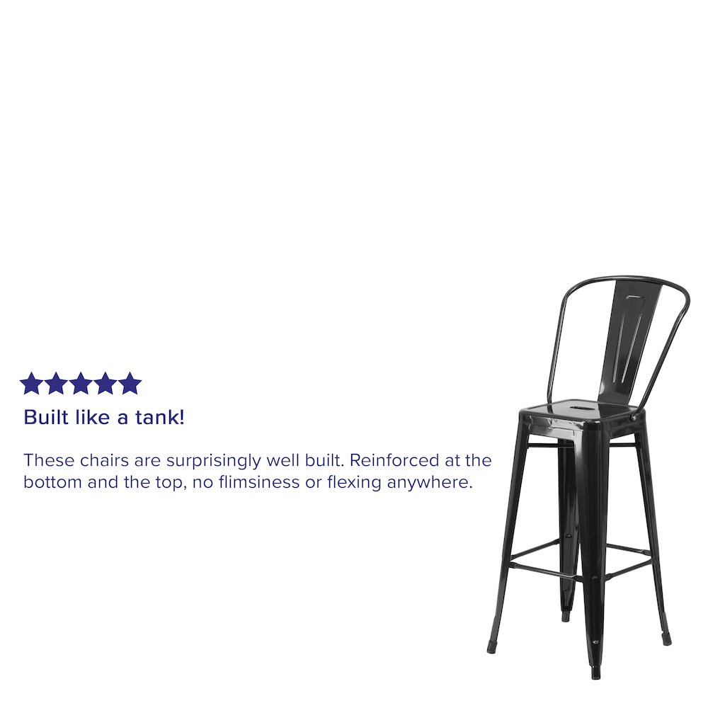 30" High Black Metal Indoor-Outdoor Barstool with Removable Back. Picture 4
